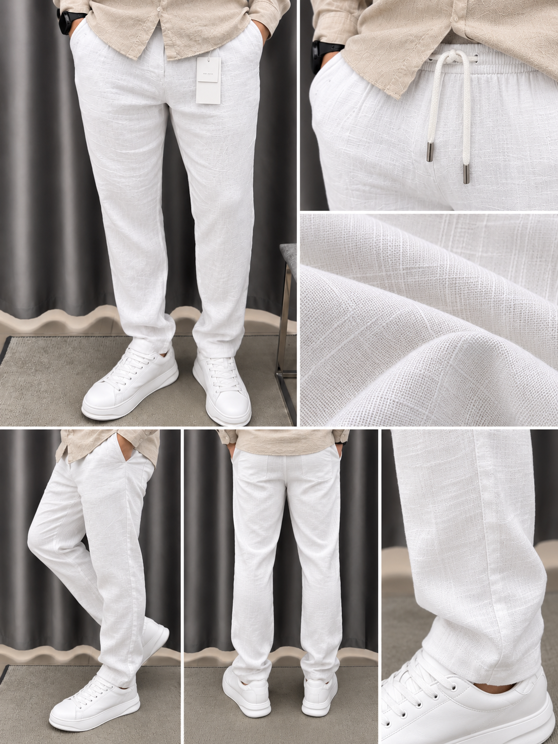 Gentlemen Beige & White Top & Bottom Set Of Linen