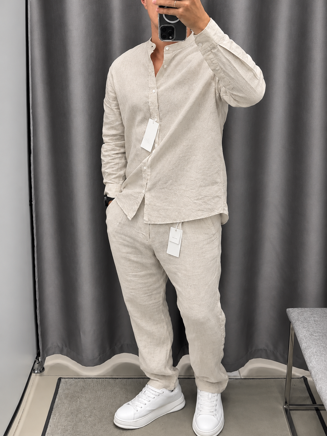 Gentlemen Beige Top & Bottom Set Of Linen